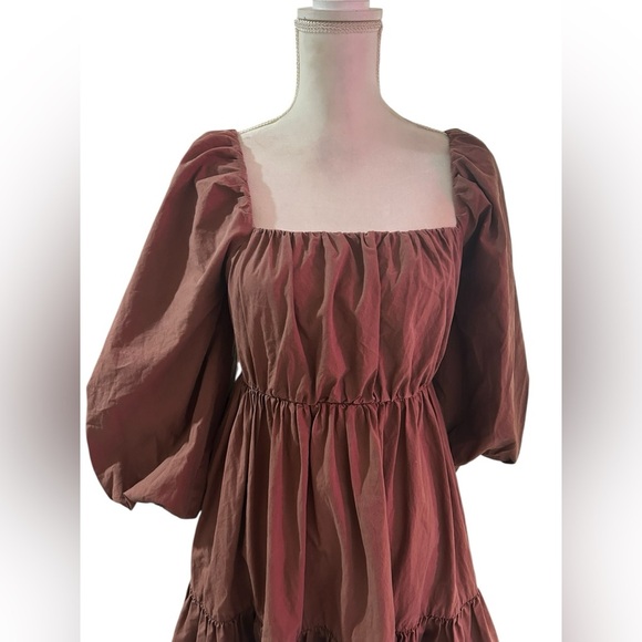 Anthropologie Mare Mare bohemian chocolate Brown Puff Sleeve mini Dress - Picture 3 of 9